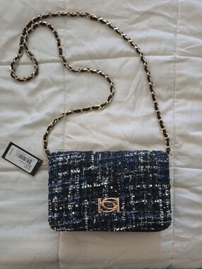 Classic Tweed Crossbody Bag in Black & Blue with Gold Chain